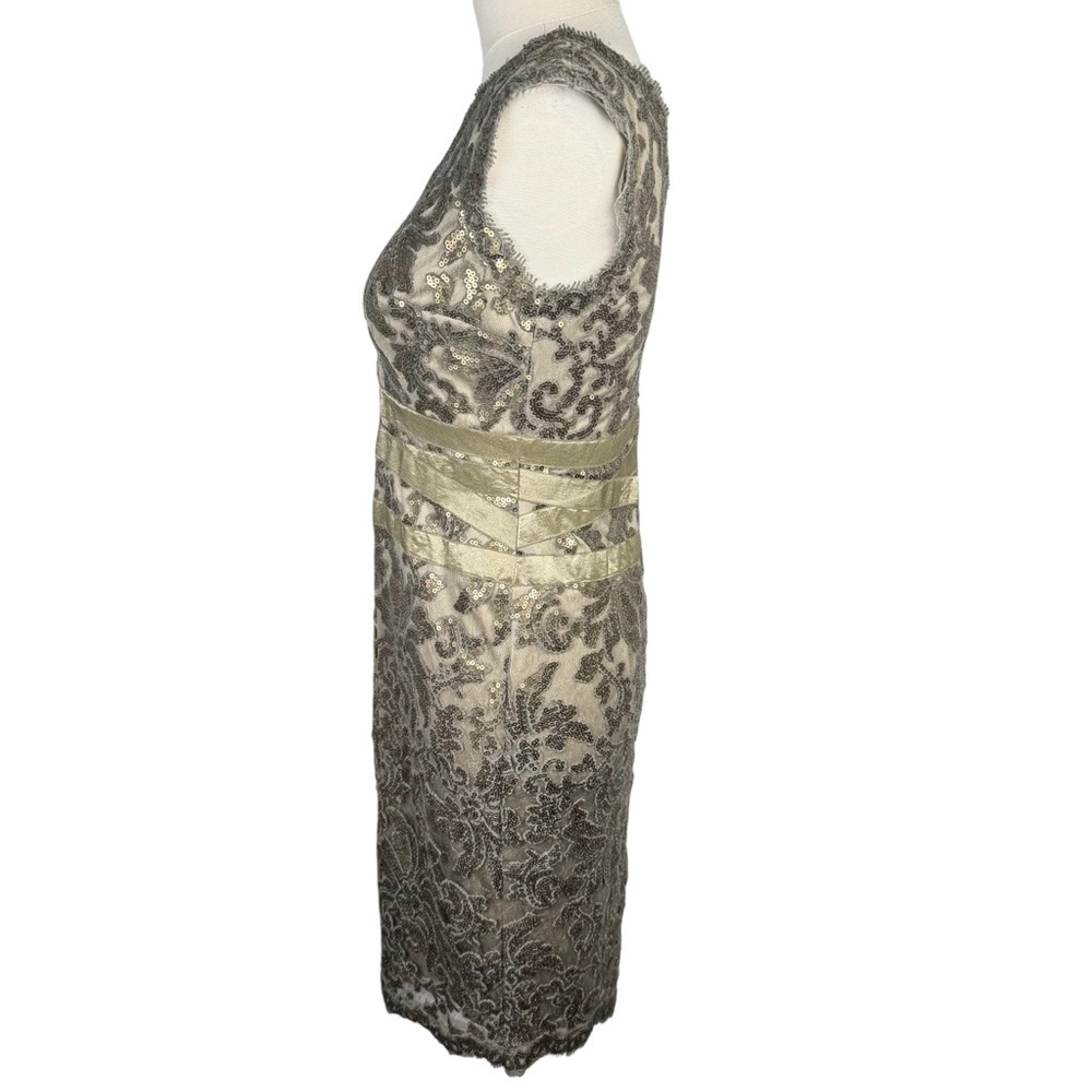 Tadashi Shoji Smoke Pearl Sequin Lace Cocktail Dress 6P
V Neck Sheath Evening - Picture 6 of 15